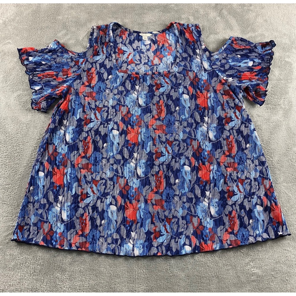 Est. 1946 Womens Plus 18/20W Blue Red Floral Plisse Cold Shoulder Blouse Top